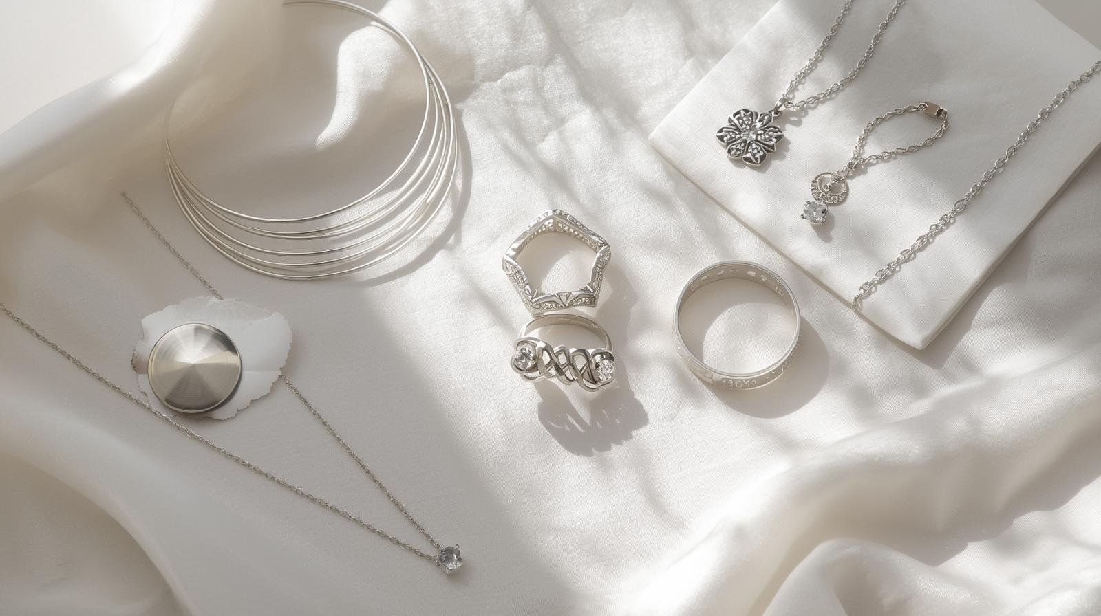 Grupo de accesorios de plata con un fondo blanco