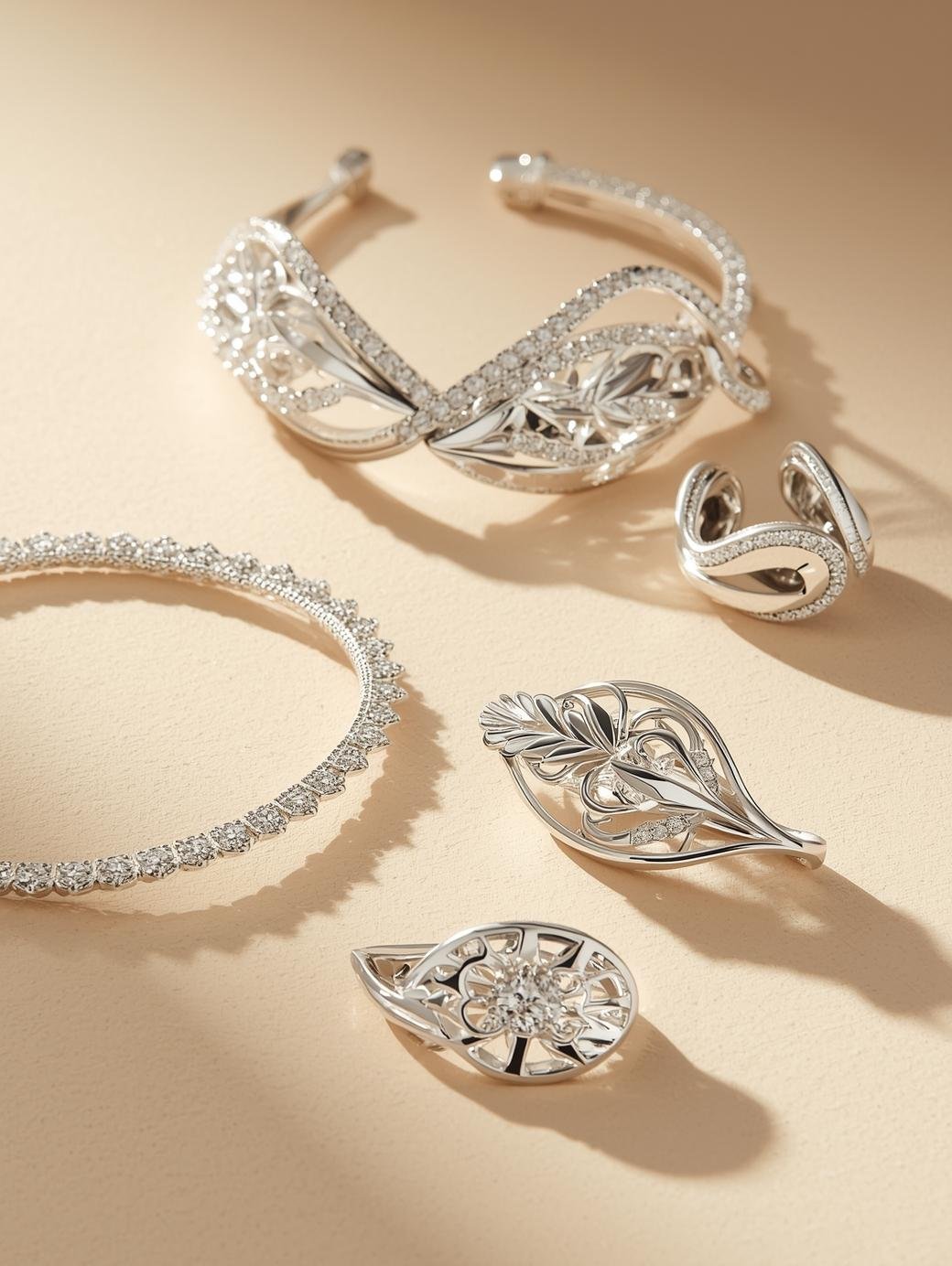 Conjunto de accesorios de plata con un fondo calido